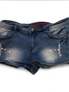 Cash Money Blue Jean Shorts with distressed and rhinestone details in size L.